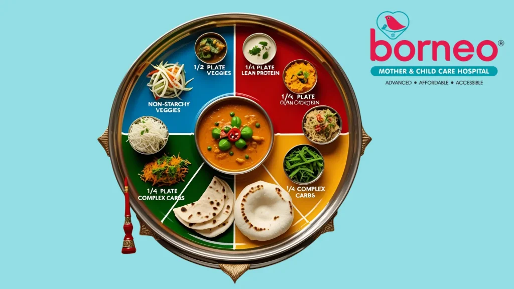 Borneo Hospital showing a balanced Indian meal plate for a diet plan for pregnant women with diabetes.