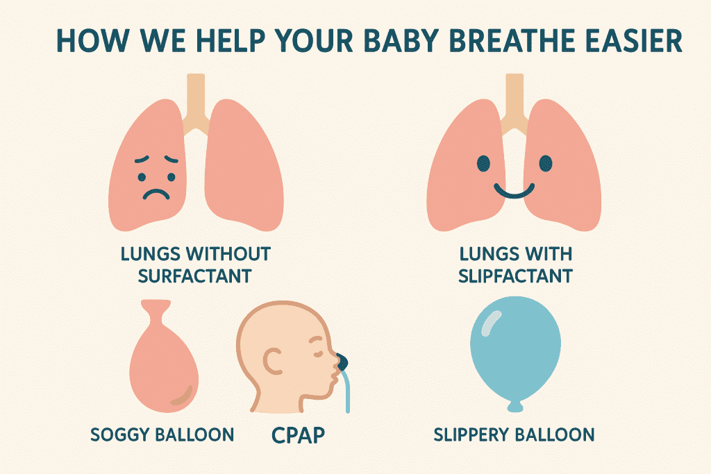 An infographic from Borneo Hospital explaining Infant Respiratory Distress Syndrome (IRDS) and the life-saving treatments like surfactant therapy used in the best NICU hospital.