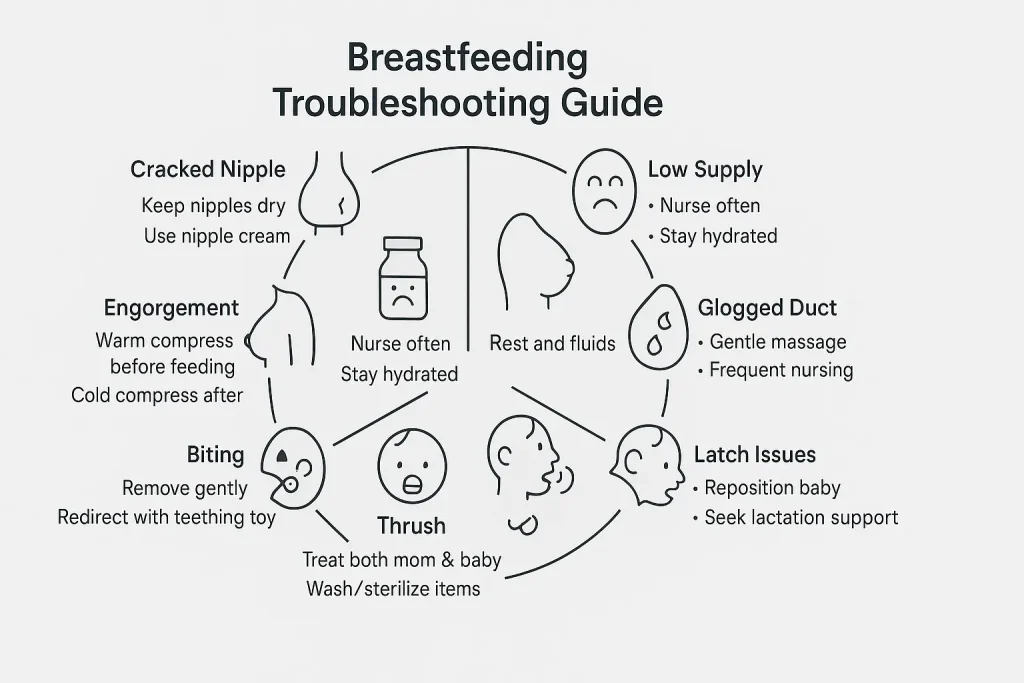 An infographic from Borneo Hospital providing solutions to 9 common breastfeeding problems, a guide for finding the best lactation consultant.